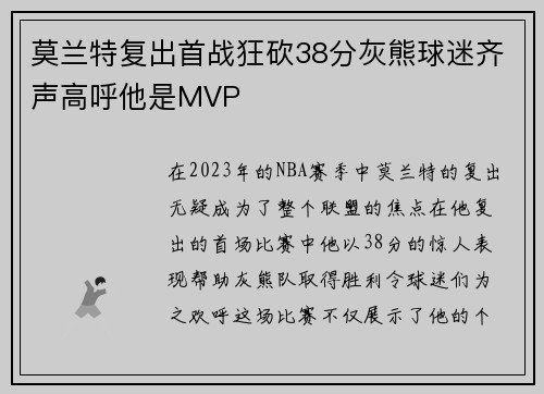 莫兰特复出首战狂砍38分灰熊球迷齐声高呼他是MVP